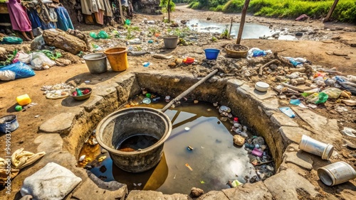 Eroded water well surrounded by litter and debris, with a dirty water bucket and broken utensils nearby, symbolizing the spread of cholera in underserved areas. photo