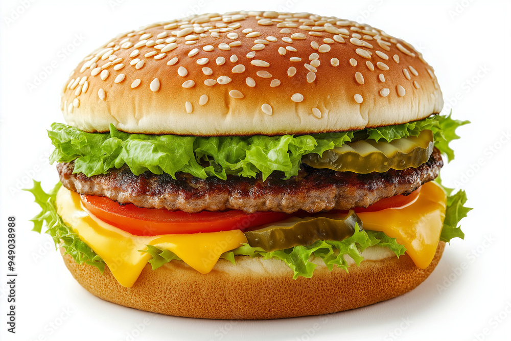 Classic American cheeseburger with melted cheese, lettuce, tomato, pickles, and a sesame seed bun