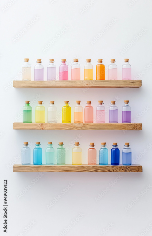 A white wall features shelves filled with colorful bottles in pastel hues, each containing a different color liquid and a bit of sand at the bottom.
A white wall features shelves filled with colorful bottles in pastel hues, each containing a different color liquid and a bit of sand at the bottom.