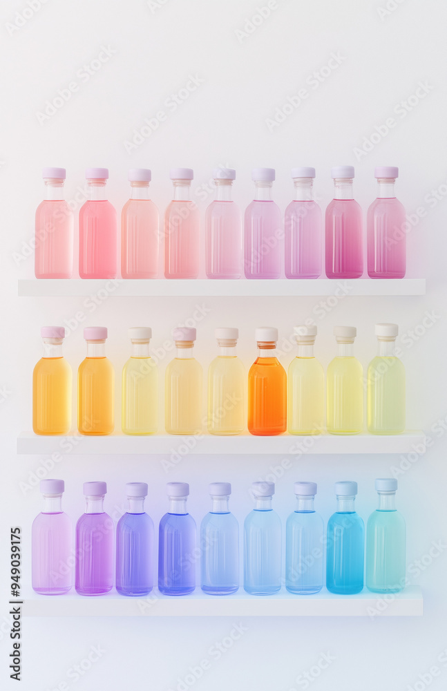 A white wall features shelves filled with colorful bottles in pastel hues, each containing a different color liquid and a bit of sand at the bottom.
A white wall features shelves filled with colorful bottles in pastel hues, each containing a different color liquid and a bit of sand at the bottom.