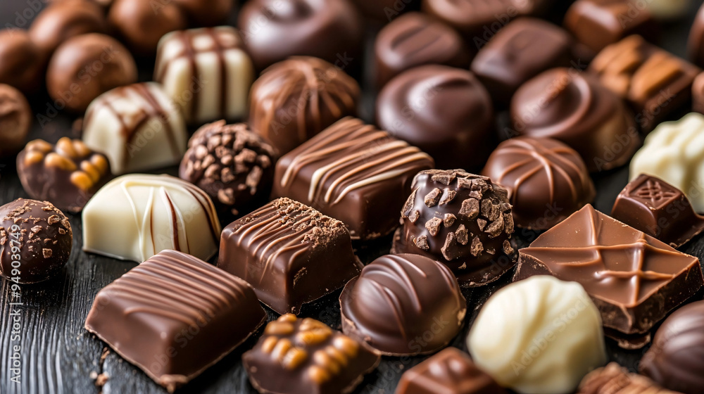An assortment of gourmet chocolates in various shapes, sizes, and flavors, featuring dark, milk, and white chocolate varieties, elegantly arranged on a dark wooden surface An assortment of gourmet chocolates in various shapes, sizes, and flavors, featuring dark, milk, and white chocolate varieties, elegantly arranged on a dark wooden surface
