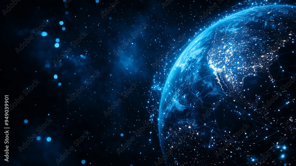 Obraz premium digital technology background, planet Earth, network lines, for web banner design template, business presentation background