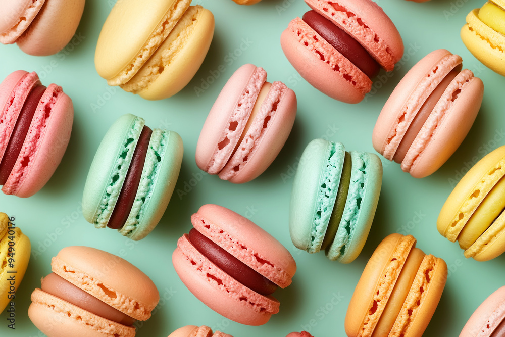 Colorful macarons arranged in a pattern, with a variety of flavors like pistachio, raspberry, and vanilla Colorful macarons arranged in a pattern, with a variety of flavors like pistachio, raspberry, and vanilla