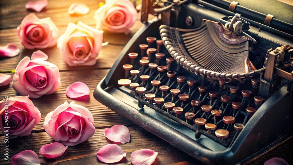 Delicate pink rose petals surround a worn, antique typewriter, casting a warm, nostalgic glow on the classical writing instrument. Delicate pink rose petals surround a worn, antique typewriter, casting a warm, nostalgic glow on the classical writing instrument.