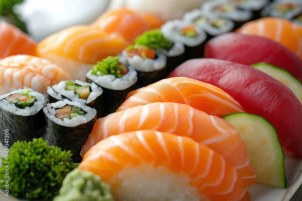 Gourmet sushi platter with vibrant fish, delicate rice, and intricate garnishes