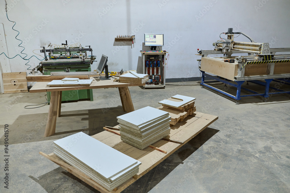 Interior of Wood Processing Industry Featuring CNC Cutting Machines and Wood Processing Equipment Interior of Wood Processing Industry Featuring CNC Cutting Machines and Wood Processing Equipment