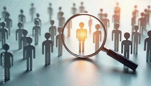 A conceptual image featuring a magnifying glass focusing on a standout human figure icon among others, symbolizing the recruitment and HR selection process for job vacancies.