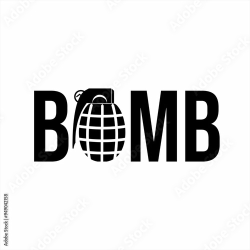 Design of text logo "Bomb" with grenade illustration on letter O.