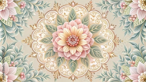 Delicate vector illustration of a blooming flower surrounded by ornate, intricately designed borders, featuring subtle patterns and shapes in a soft, pastel color palette.