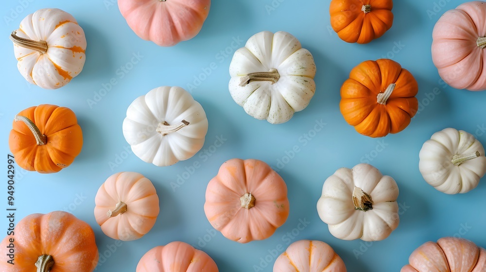 Small orange white and pink pumpkins on pastel blue background Small orange white and pink pumpkins on pastel blue background