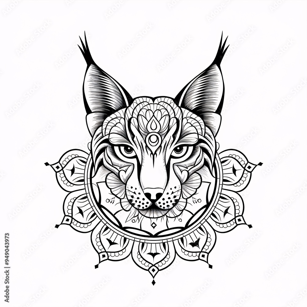 Obraz premium Mystical Lynx Mandala: Intricate ink drawing of a lynx head adorned with ornate mandala patterns, embodying wild spirit and spiritual symbolism. 