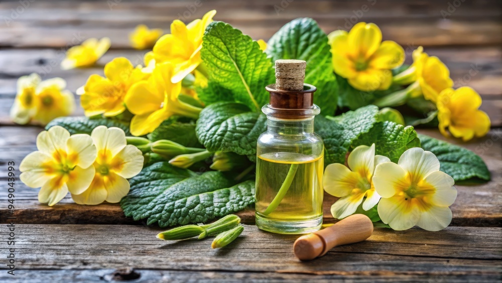 Delicate yellow primrose flowers surrounded by lush green leaves and stems, with a small glass vial of fragrant primrose oil and dropper on a rustic wooden table. Delicate yellow primrose flowers surrounded by lush green leaves and stems, with a small glass vial of fragrant primrose oil and dropper on a rustic wooden table.