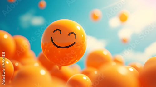 A cheerful smiley face balloon floats in a vibrant orange and blue sky. The image evokes happiness and positivity.