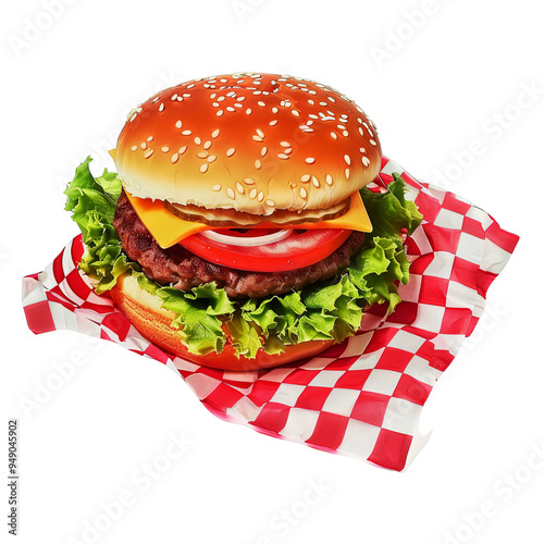 a picture of a hamburger on a red rumal photo