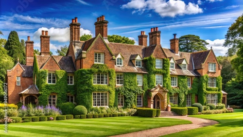 Elegant English countryside estate featuring a majestic brick manor house with ivy-covered façade, sprawling gardens, and mature trees under a serene blue sky. photo