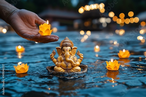 Ganesh Chaturthi night-time immersion, illustrated in a serene scene where the Ganesha idol is gently lowered into a river, with lanterns floating on the water and the sound of devotional chants