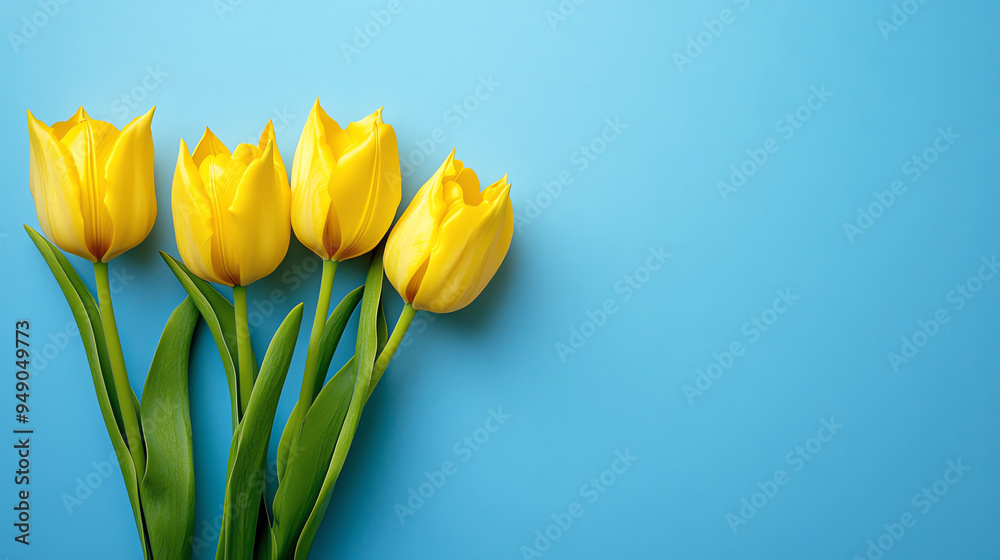 Obraz premium A bouquet of five yellow tulips rests in the bottom left corner against a blue paper background, perfect for Women s Day, Mother s Day, or a birthday greeting with a place for text
