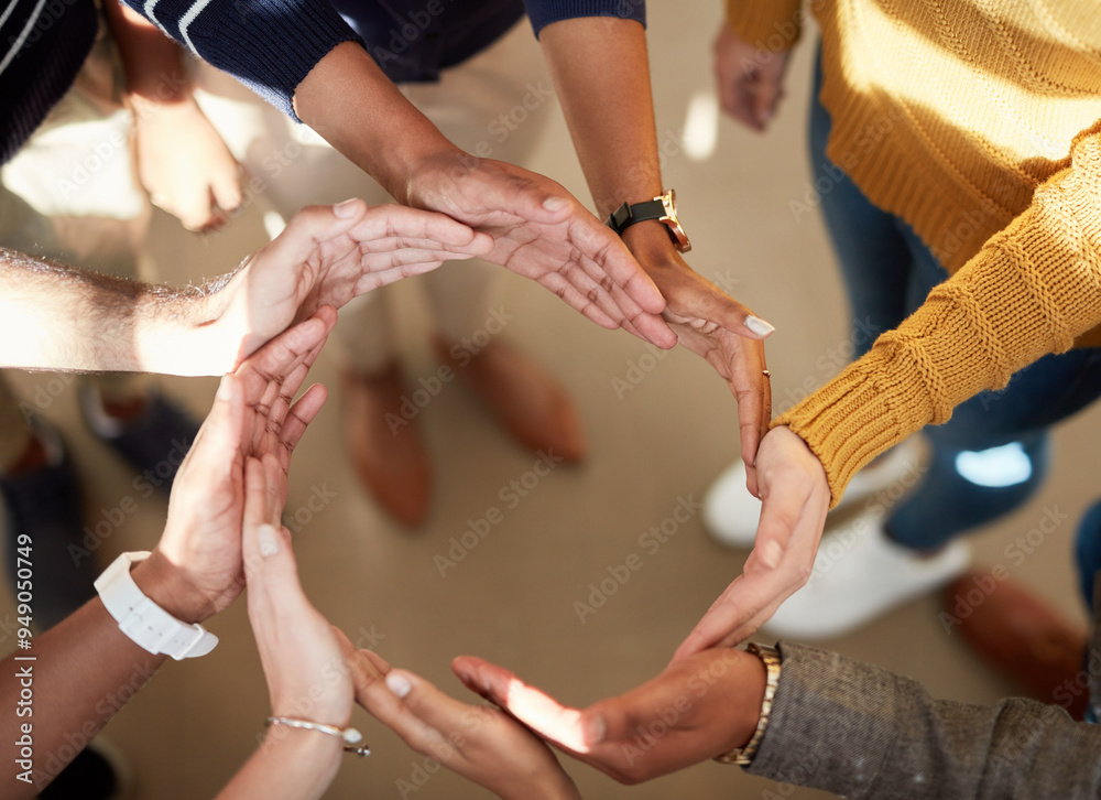 Obraz premium University student, hands and synergy in circle for team building, collaboration and effort. Education, people and above with revision or study group for assignment, project and exams at college