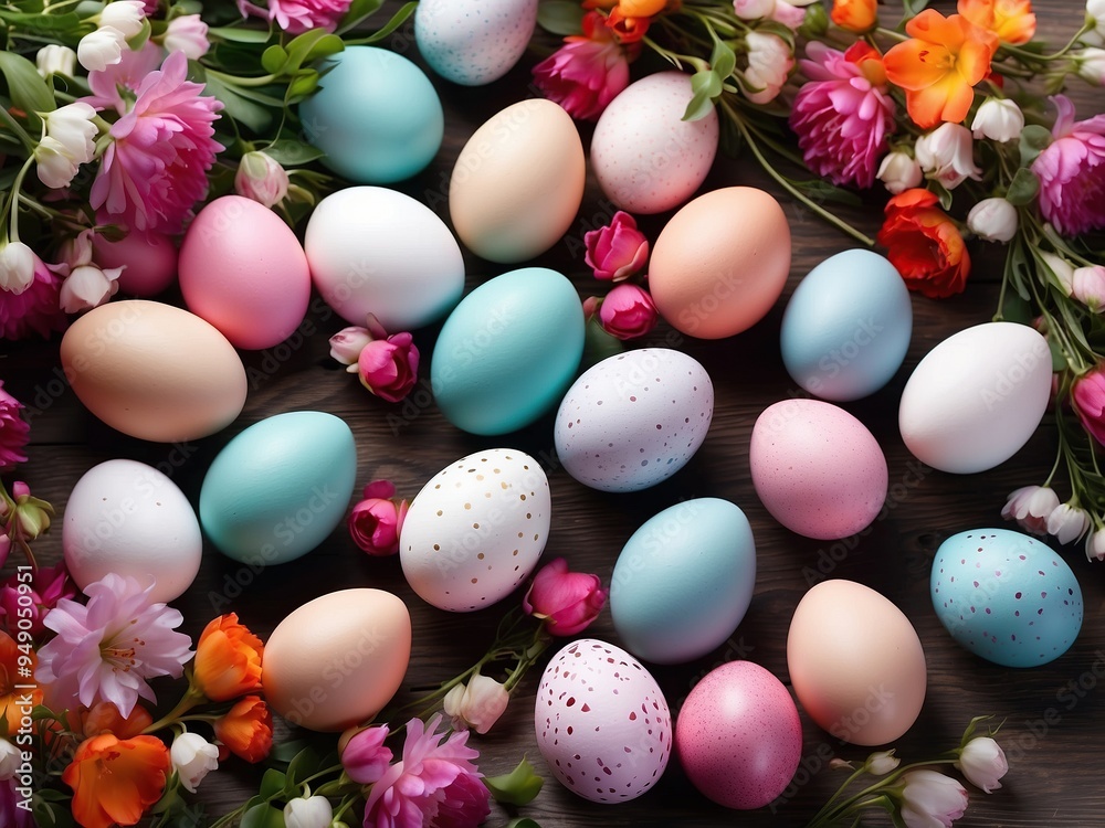 Colorful Easter eggs surrounded by flowers Colorful Easter eggs surrounded by flowers