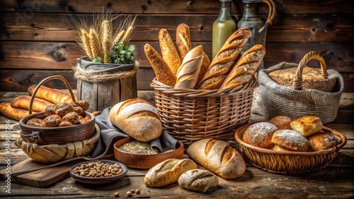 Freshly baked crusty baguette and assorted artisan breads arranged on a rustic wooden table, surrounded by baskets and linens, evoking a cozy bakery atmosphere. photo