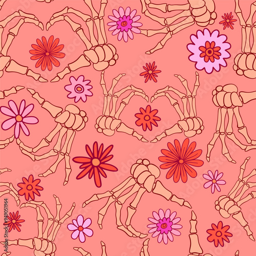 Skeleton Hands Floral Halloween Seamless Pattern