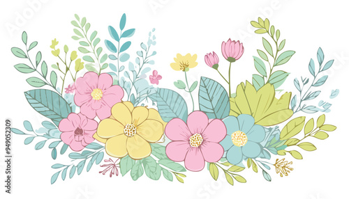 Botanical flowers, leaves. Soft color botanic background. Soft color flowers. Pastel tones botanical.