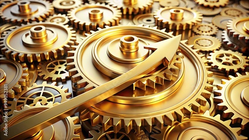 Gold-colored gears intertwined with a coin and an arrow pointing right, symbolizing financial growth, prosperity, and strategic business decisions in a bold, modern design. photo