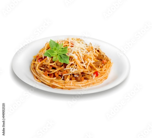 spaghetti with tomato sauce Delicious spaghetti served on a white plate, featuring savory meat and a generous layer of cheese