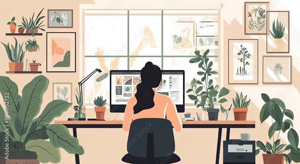 Fototapeta premium Flat illustration of an office worker sitting at her desk, surrounded by framed art on the wall and potted plants on shelves Generative AI