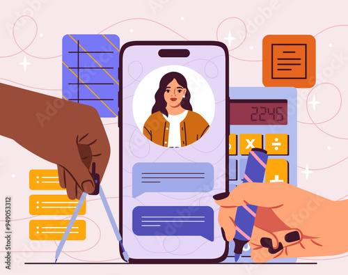 Online chat with teacher. Woman on smartphone screen gives remote lecture or math lesson to students. Remote education, studying and learning. Internet course. Flat vector illustration