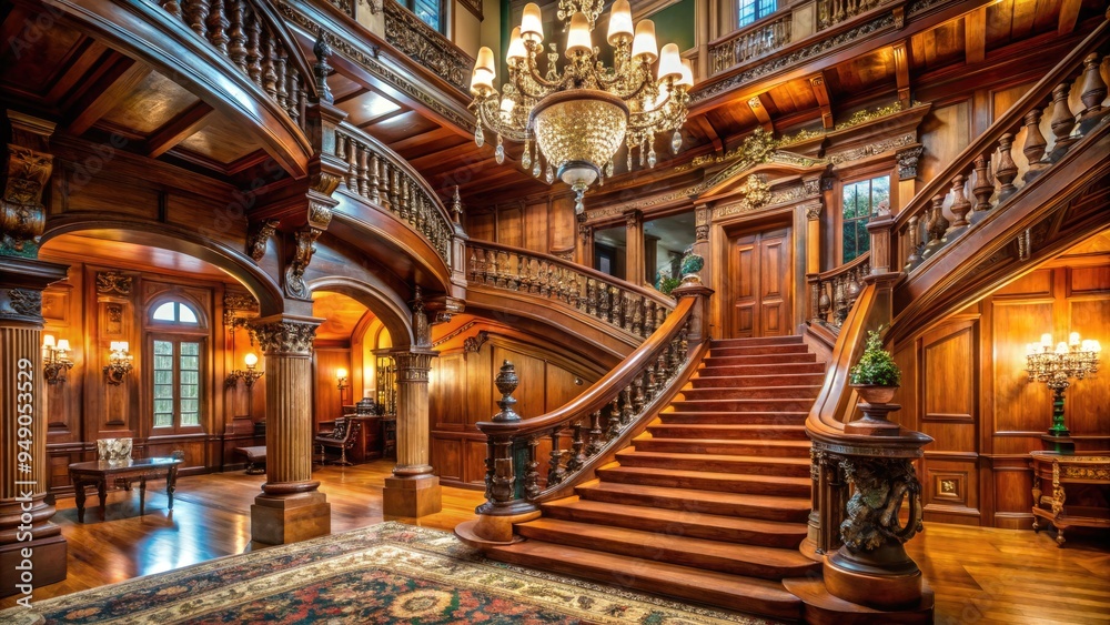 Grand, ornate staircase curves upward in a majestic, centuries-old manor, adorned with intricate carvings, rich wood tones, and sparkling chandeliers, exuding luxury and refinement. Grand, ornate staircase curves upward in a majestic, centuries-old manor, adorned with intricate carvings, rich wood tones, and sparkling chandeliers, exuding luxury and refinement.
