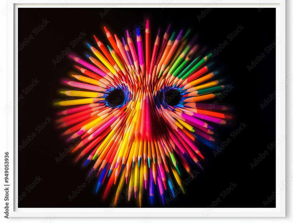 A smiley face made of colorful pencils, with pencil tips as eyes, is captured in motion blur against a dark background, creating a vibrant and dynamic image.Minimal creative back to school concept
A smiley face made of colorful pencils, with pencil tips as eyes, is captured in motion blur against a dark background, creating a vibrant and dynamic image.Minimal creative back to school concept