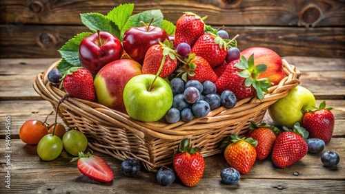 Freshly harvested seasonal organic fruits, including vibrant strawberries, juicy grapes, and crisp apples, artfully arranged in a woven basket on a rustic wooden table.