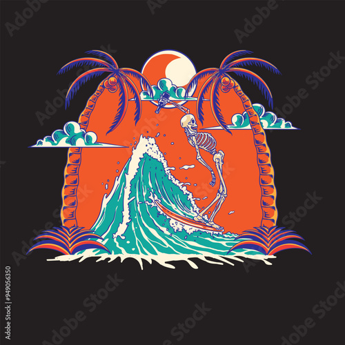Photography Skeleton skull surfing on the wave framing by coconut tree vector graphics