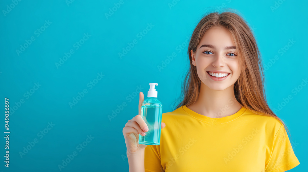 A young Caucasian woman, smiling, holds a mouthwash bottle, pointing to an inviting copy space against a cool blue backdrop A young Caucasian woman, smiling, holds a mouthwash bottle, pointing to an inviting copy space against a cool blue backdrop