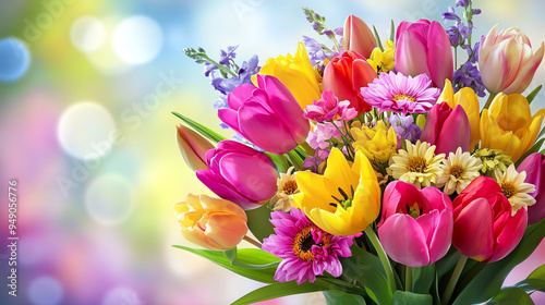 A vivid spring bouquet of flowers arranged for a Mother s Day banner, bursting with bright colors and fresh blooms photo