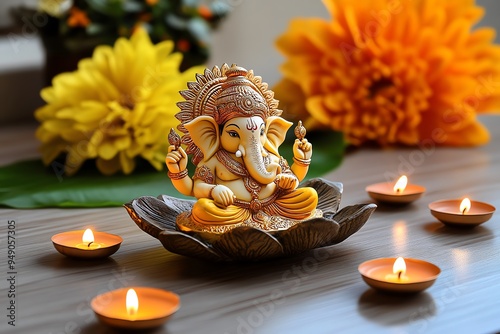 Ganesh Chaturthi with a focus on spiritual reflection, captured in a photo where the Ganesha idol is placed in a quiet corner of a home, surrounded by candles and incense, creating a peaceful photo