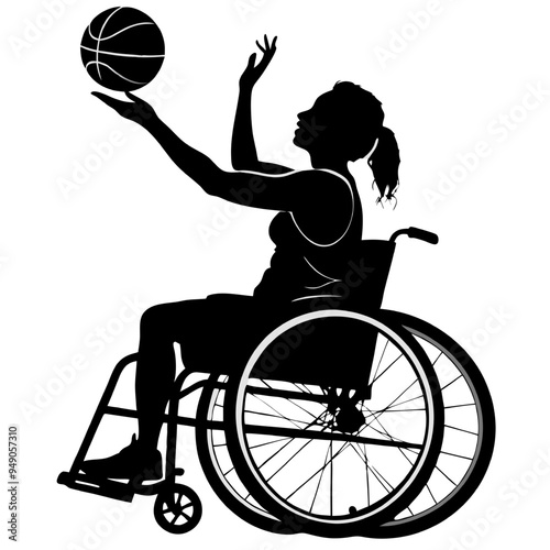 Wheelchair Basketball Silhouette:  A powerful silhouette of a female athlete in a wheelchair, showcasing strength and determination as she dribbles a basketball, representing inclusion, athleticism, a