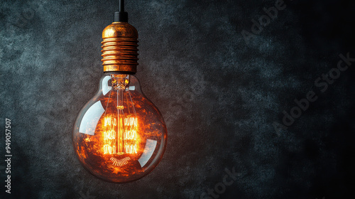 Close-up of vintage lightbulb glowing warmly against a dark textured background. Industrial design, retro lighting, warm ambiance, minimalist decor, antique electric style, filament bulb photo