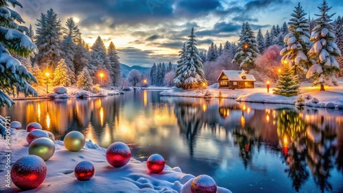 Joyful winter scene of festive ornaments, twinkling lights, and happy memories unfolding amidst snow-covered trees and frozen lake on a serene holiday evening. photo