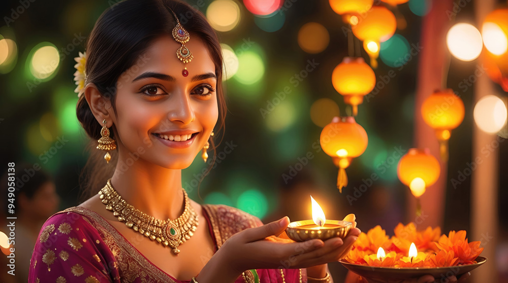 Portrait of a hindi woman holding Diwali oil lamp in traditional indian saree celebrating diwali, festival of lights Portrait of a hindi woman holding Diwali oil lamp in traditional indian saree celebrating diwali, festival of lights