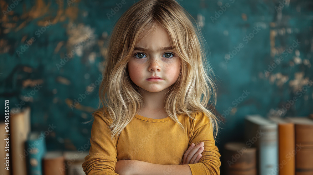 Portrait of a young girl with blonde hair and crossed arms, expressing defiance and determination against a rustic background. Childhood emotions, strong-willed, serious expression, attitude Portrait of a young girl with blonde hair and crossed arms, expressing defiance and determination against a rustic background. Childhood emotions, strong-willed, serious expression, attitude