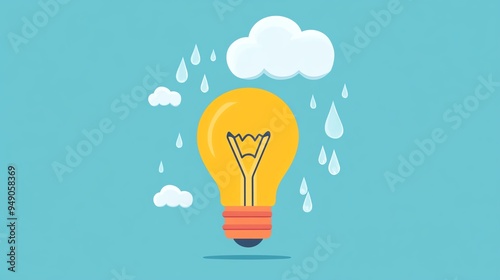 Light bulb with cloud and rain, nourishing ideas for growth, flat design illustration