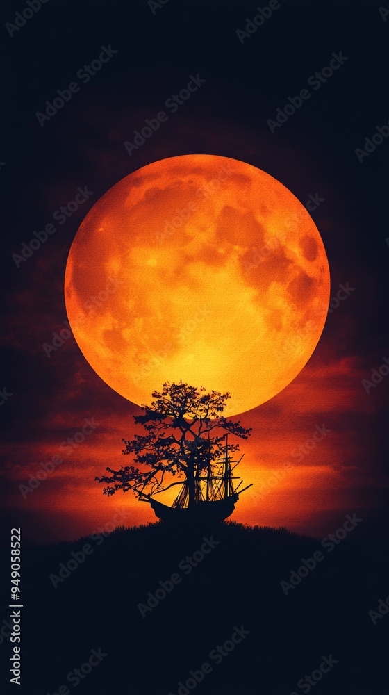 A captivating silhouette of a ship and tree against a vibrant orange moon, evoking mystery and adventure in a stunning landscape. A captivating silhouette of a ship and tree against a vibrant orange moon, evoking mystery and adventure in a stunning landscape.
