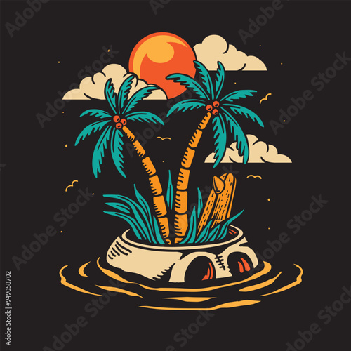 skull island with coconut tree and surfboard on the beach vector graphics. summer concept isolated on black background. colorful