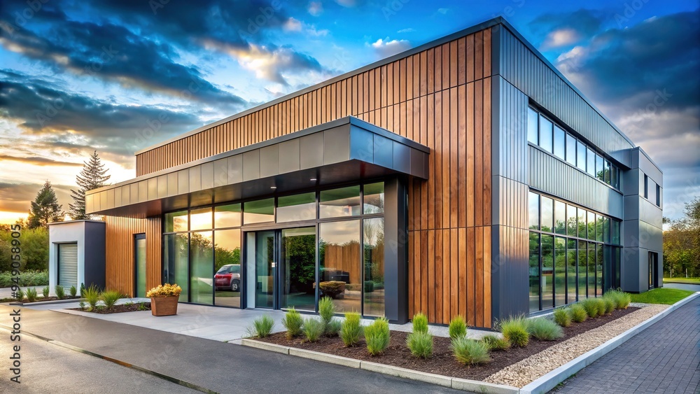 Exterior doctor's surgery with industrial and natural elements in bold and muted colors Exterior doctor's surgery with industrial and natural elements in bold and muted colors
