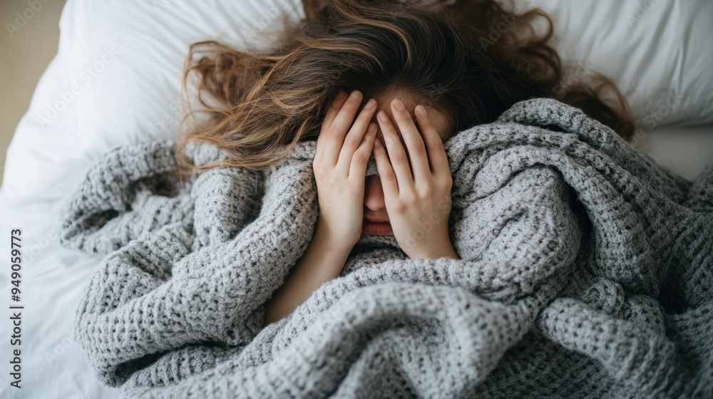 A woman is covered in a blanket while laying on her bed, AI A woman is covered in a blanket while laying on her bed, AI