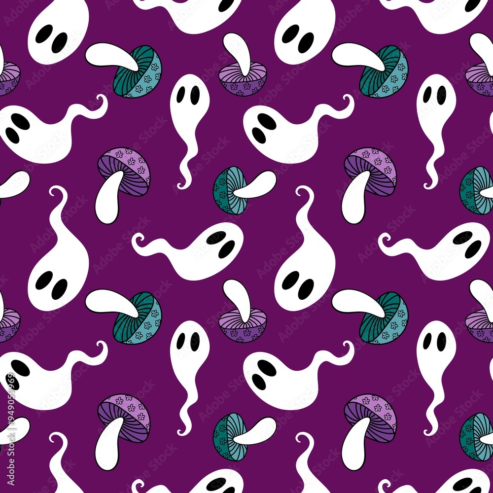 Halloween ghost seamless cartoon mushrooms pattern for wrapping paper Halloween ghost seamless cartoon mushrooms pattern for wrapping paper