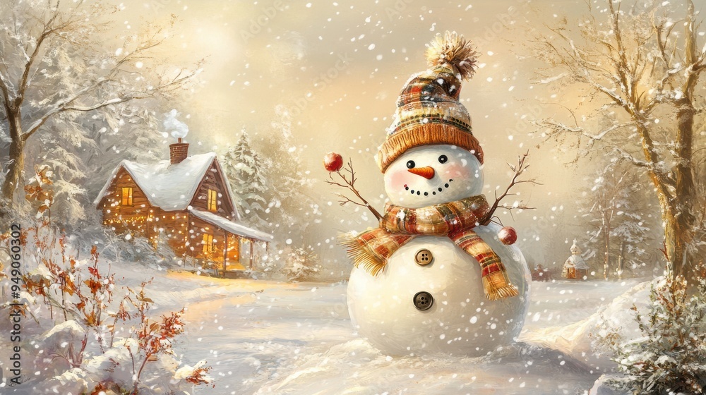 Obraz premium A snowman in a hat and scarf standing next to a house, AI