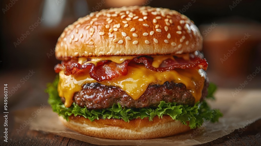 Delicious Homemade Cheeseburger with Melted Cheese, Crispy Bacon, Fresh Lettuce, and Sauce on a Sesame Seed Bun Delicious Homemade Cheeseburger with Melted Cheese, Crispy Bacon, Fresh Lettuce, and Sauce on a Sesame Seed Bun